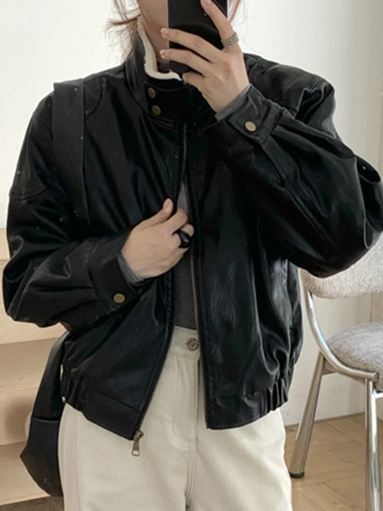 YERMORA 여성용 블랙 PU 가죽 캐주얼 재킷 여성용 라펠 긴 소매 루즈핏 신상 코트 패션 트렌드 가을 겨울 2025