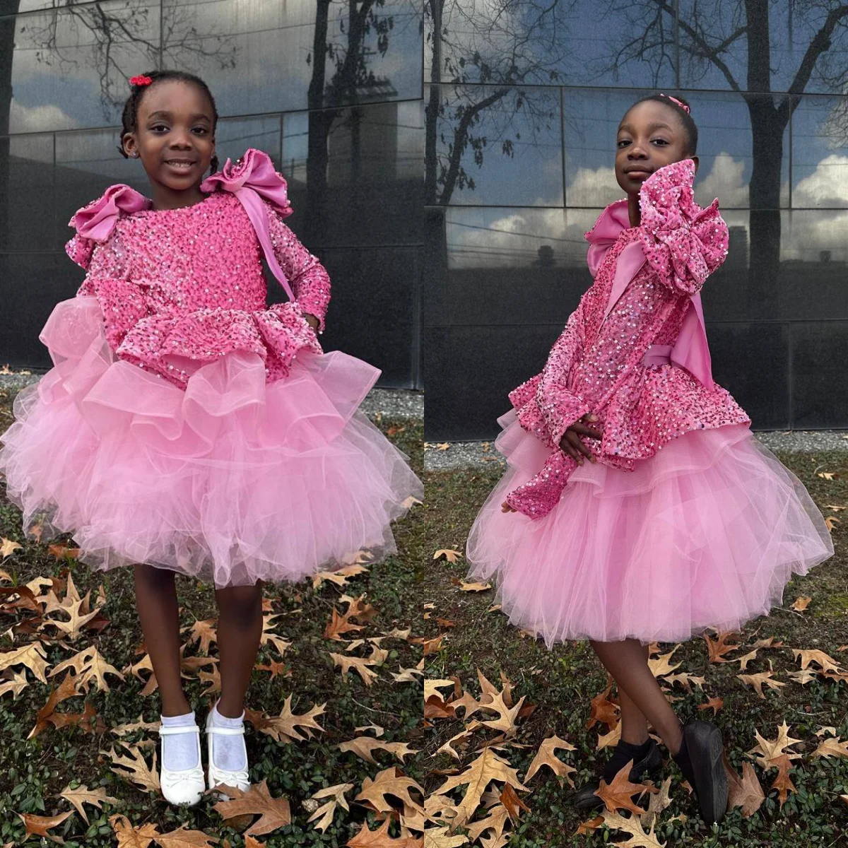 

Pink Sequined Flower Girl Dresses Ruffles Bow Kids Children Birthday Prom Gowns for Party Customized