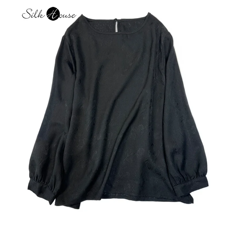 

2026 женская повседневная весенняя новая футболка из 100% натурального шелка шелковицы HuaLuo, жаккардовая черная футболка с круглым вырезом и длинными рукавами