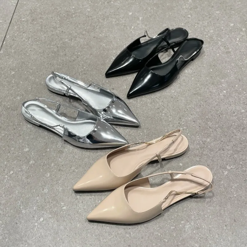 

Crystal pointed flat shoes 2025 summer new shallow mouth comfortable single shoe silver toe cap fine heel sandals for women