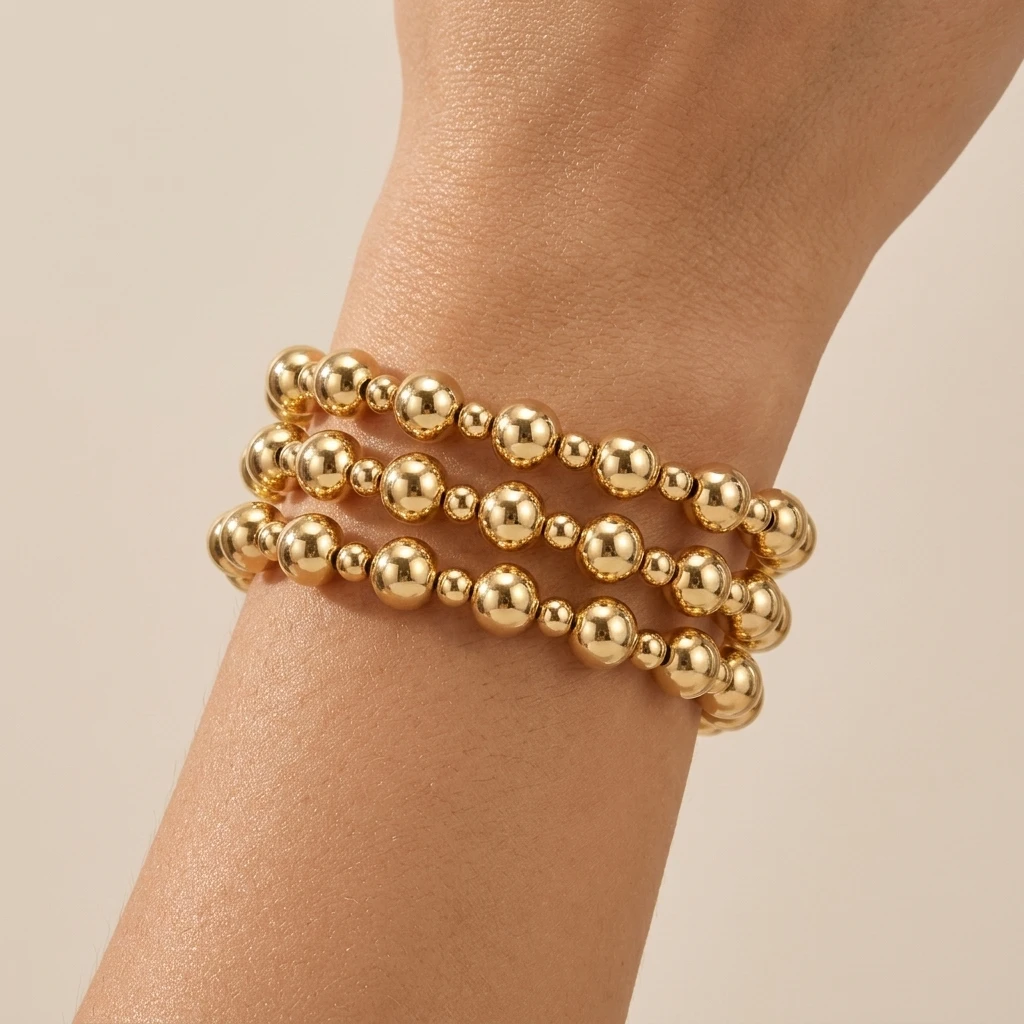 3pcs Gold Tone Copper Beaded Bracelet Stacked Round Ball Strand Bracelet Trendy Chunky Wrist Accessory for Women