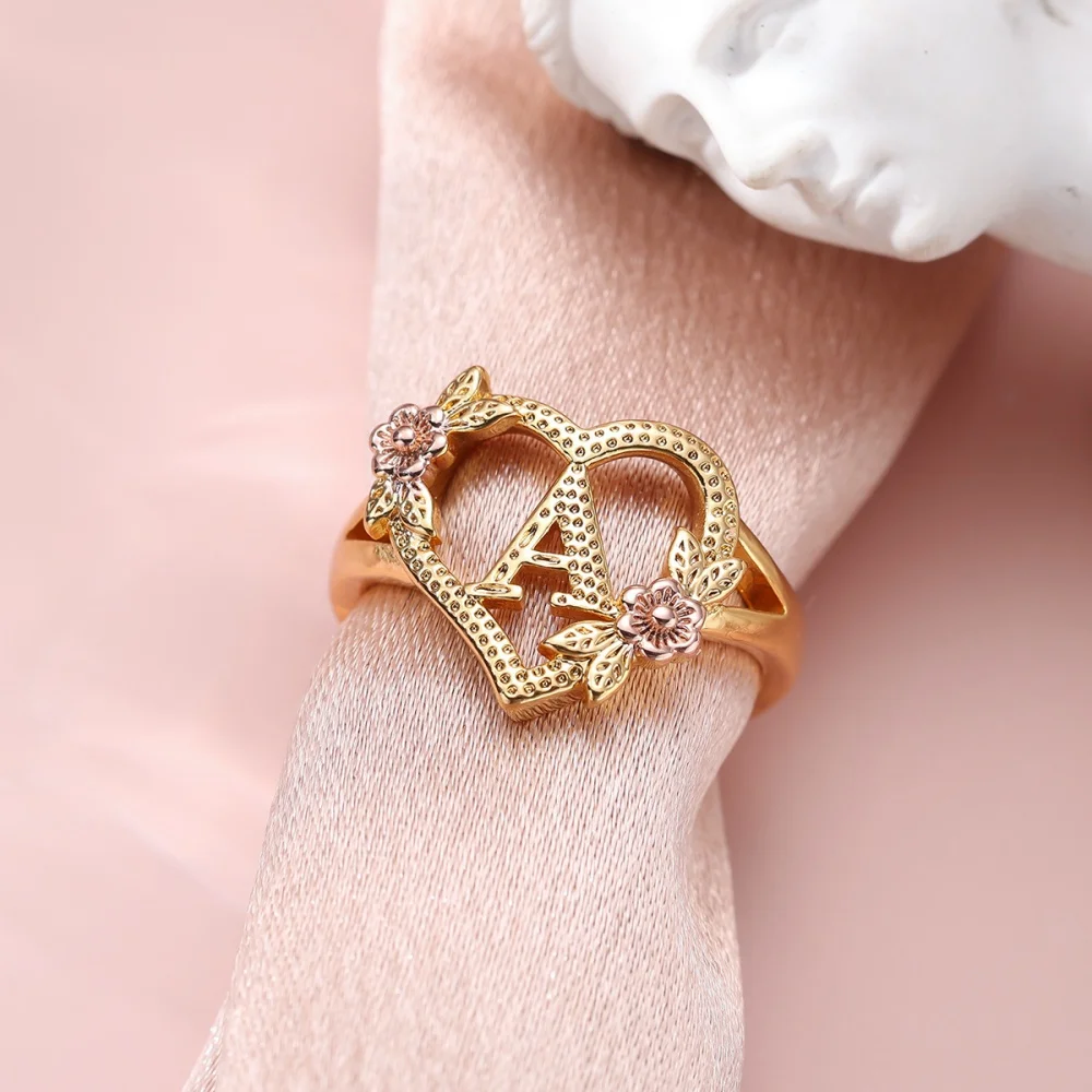 RoRo New Creative Design Rose Two-Tone 26 Letters Sweet Opening Adjustable Ring For Girls' Girlfriend Gift