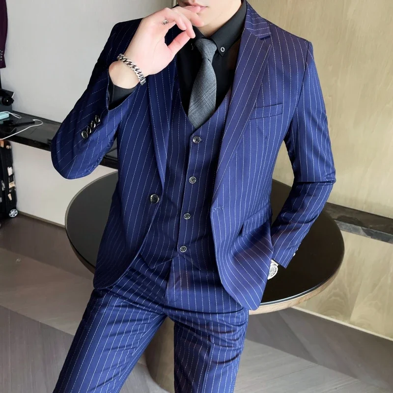 3 Pcs Set Blazers Jacket Pants Vest / 2023 Fashion Men\'s Casual Boutique Business Striped Groom Wedding Suit Trousers Waistcoat