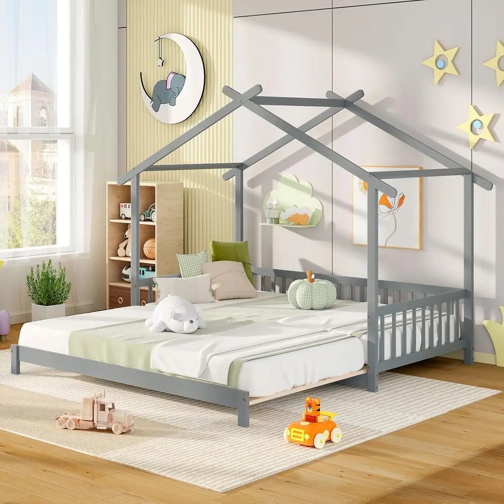

Twin to King Daybed with Safety Rails, Monitor Bed, No Box Spring Needed, Grey Floor Daybed for Kids and Teens