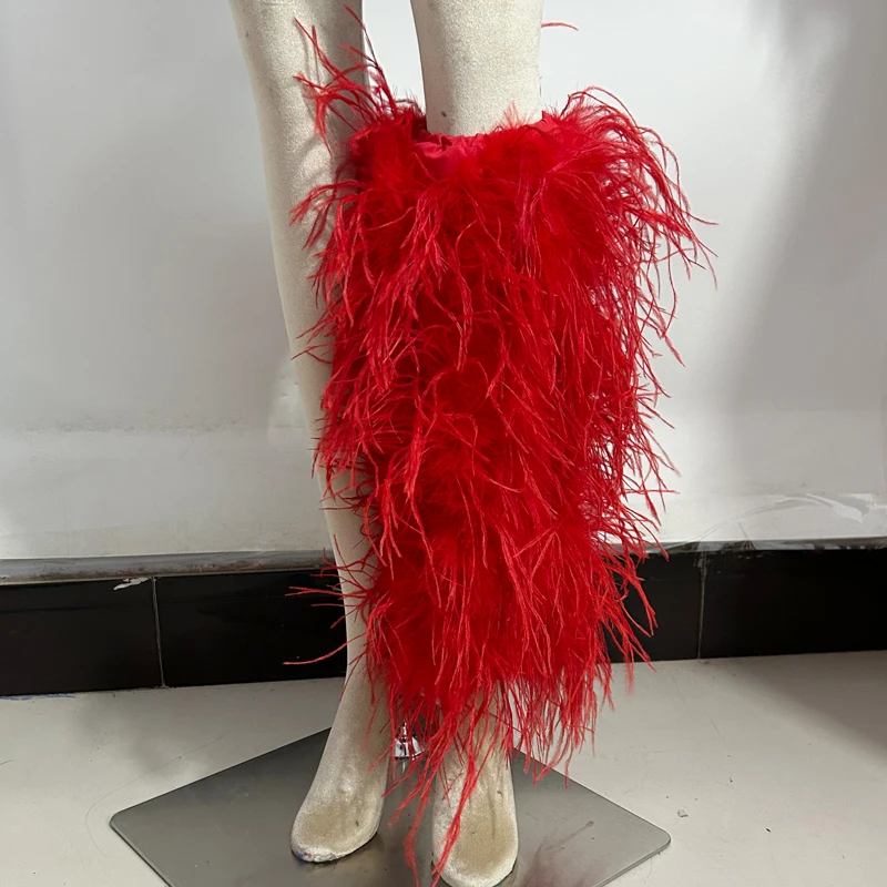 A pair Real fur ostrich feathers Leg Warmers Covers Lady  Knee-length Sock Hot Girl  Boots Socks Punk  Knee-length Hiphop Sock