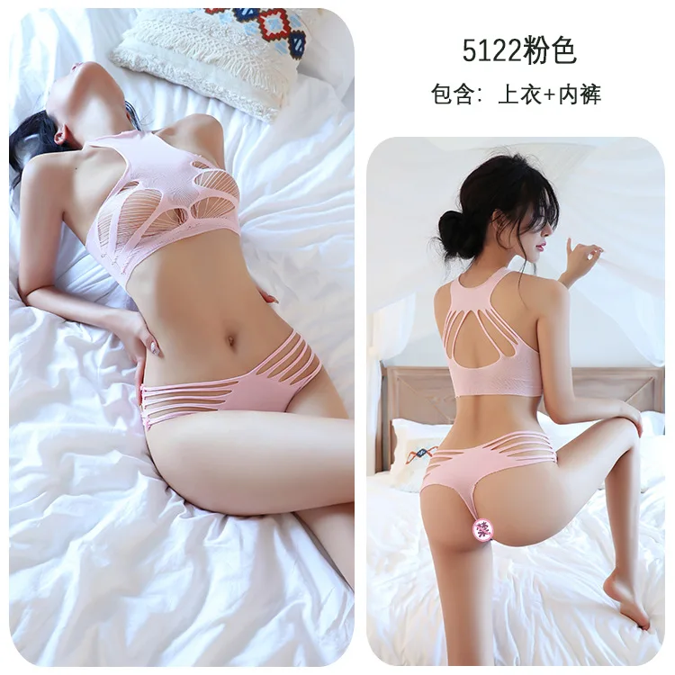 

Long Night Sexy Lingerie European and American Style Sexy Hollow Out Two-Piece Set Pure Desire Style Three-Point Bikini Fishnet Clothing 5122