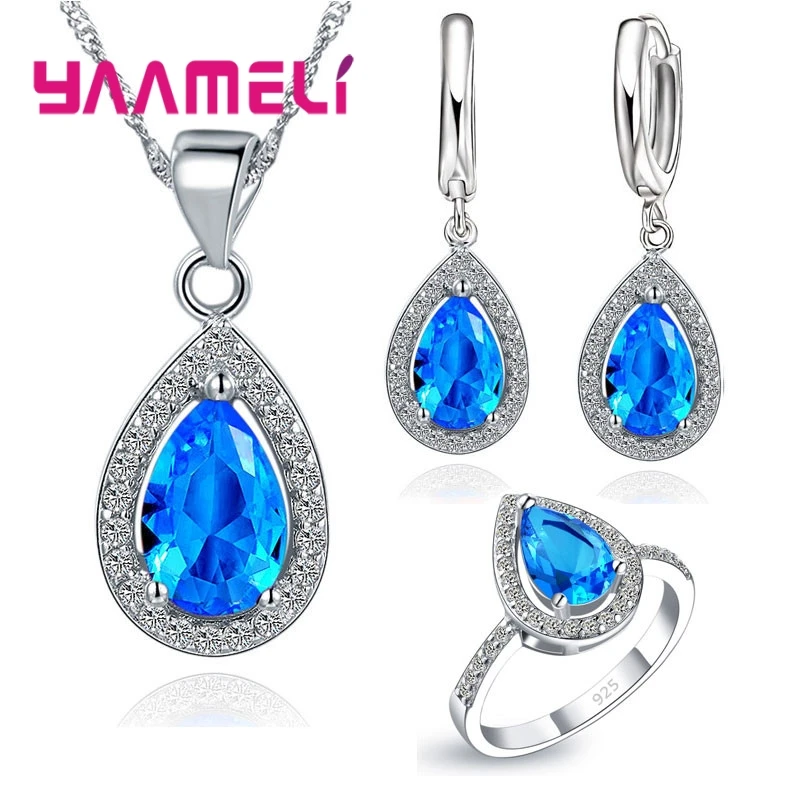 925 Sterling Silver Wedding Bridal Jewelry Sets CZ Crystal Water Drop Cubic Zircon Necklace Earrings Ring  Birthday Gifts