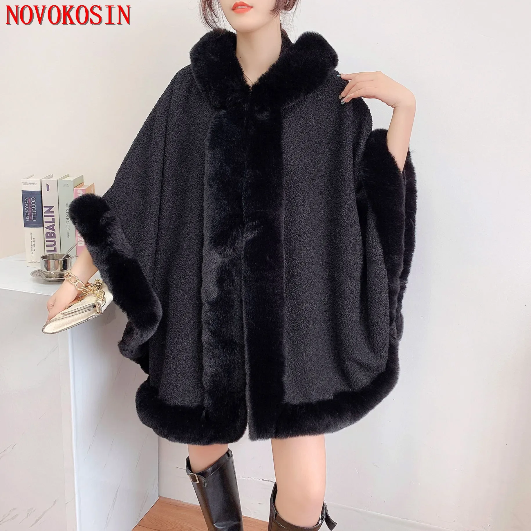 

6 Color 2024 Women Outstreet Loose Capes Granular Velvet Big Faux Rabbit Fur Cloak Winter Thick Long Poncho Shawl Coat With Hat