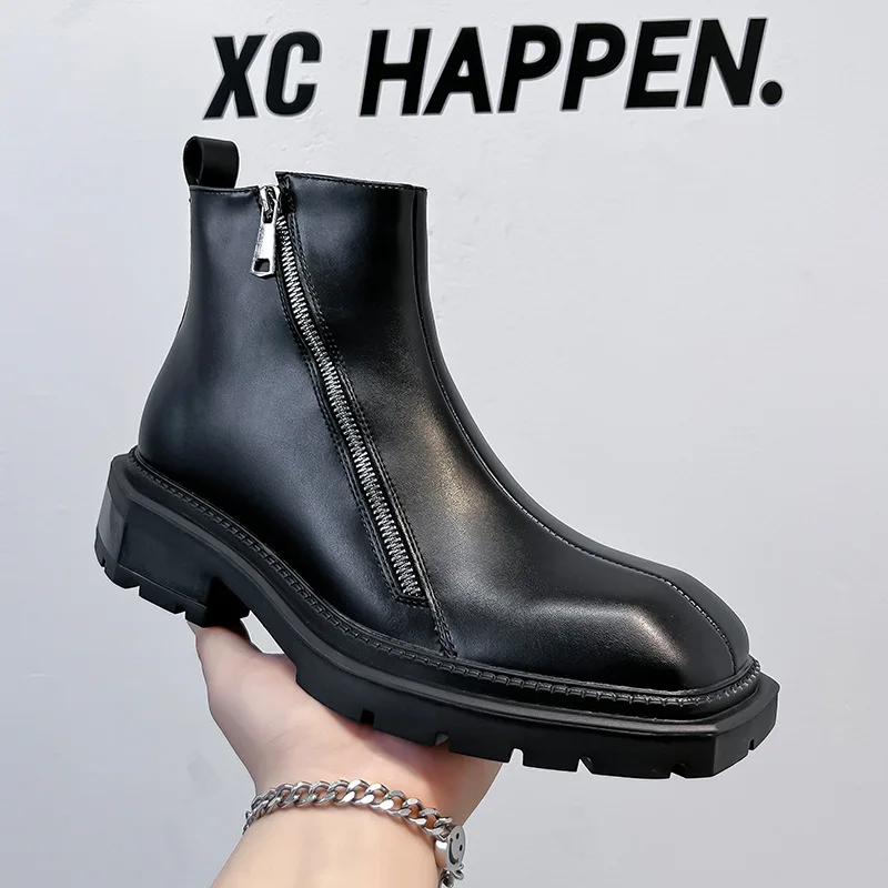 

Classic Chelsea Boots Square Toe Leather Shoes Black Ankle Boots Double Side Zipper Motorcycle Boots High Top Shoes Size 38-44