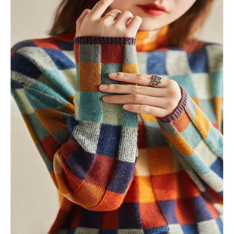 Gorgeous Colorful Checkerboard Knitted Sweater New Style High Collar Lazy Slimming Outer Plaid Sweater for Women