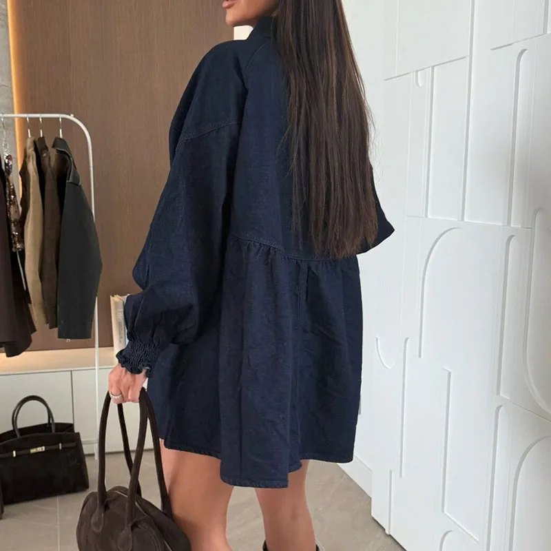 Vintage Solid Color Denim Short Dress New Long Sleeve Lapel Single Breasted Shirts Dress Autumn Women Casual Commute Mini Dress