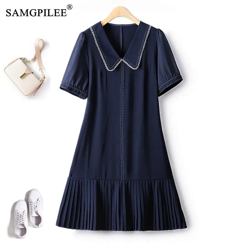 

New Summer Peter Pan Collar Pinched Pleated Hem Bright Line Decoration Drape Thin Short Sleeve Commuter Solid Women Dresses 4XL