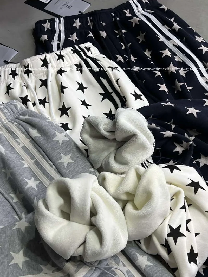 Autumn Winter Fleece Five-Pointed Star Casual Pants for Women High-Waisted Versatile Straight-Leg Jogger Sweatpants