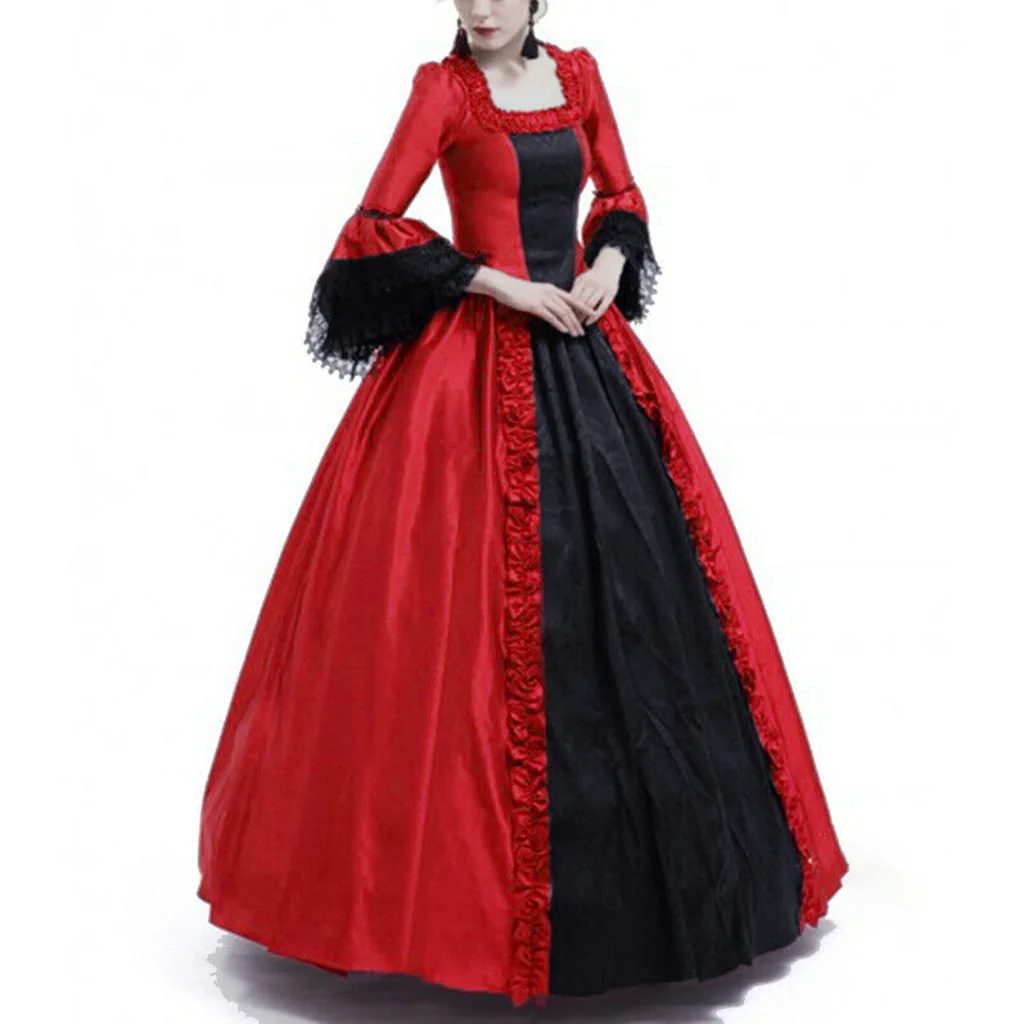 Retro Court Lace Maxi Dress Asymmetrical Hemline Patchwork Design Women's Traditional Costume Stage Performance Dress