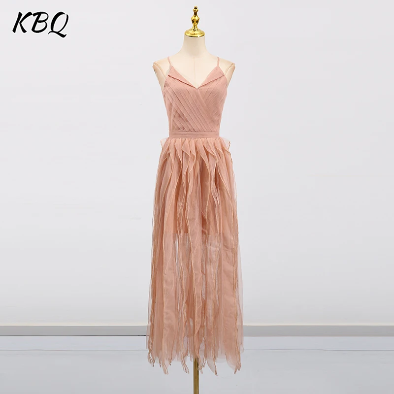 

KBQ Temperament Solid Folds Long Dresses For Women Camisole Sleeveless Backless High Waist Elegant Dress Female Fashion Style