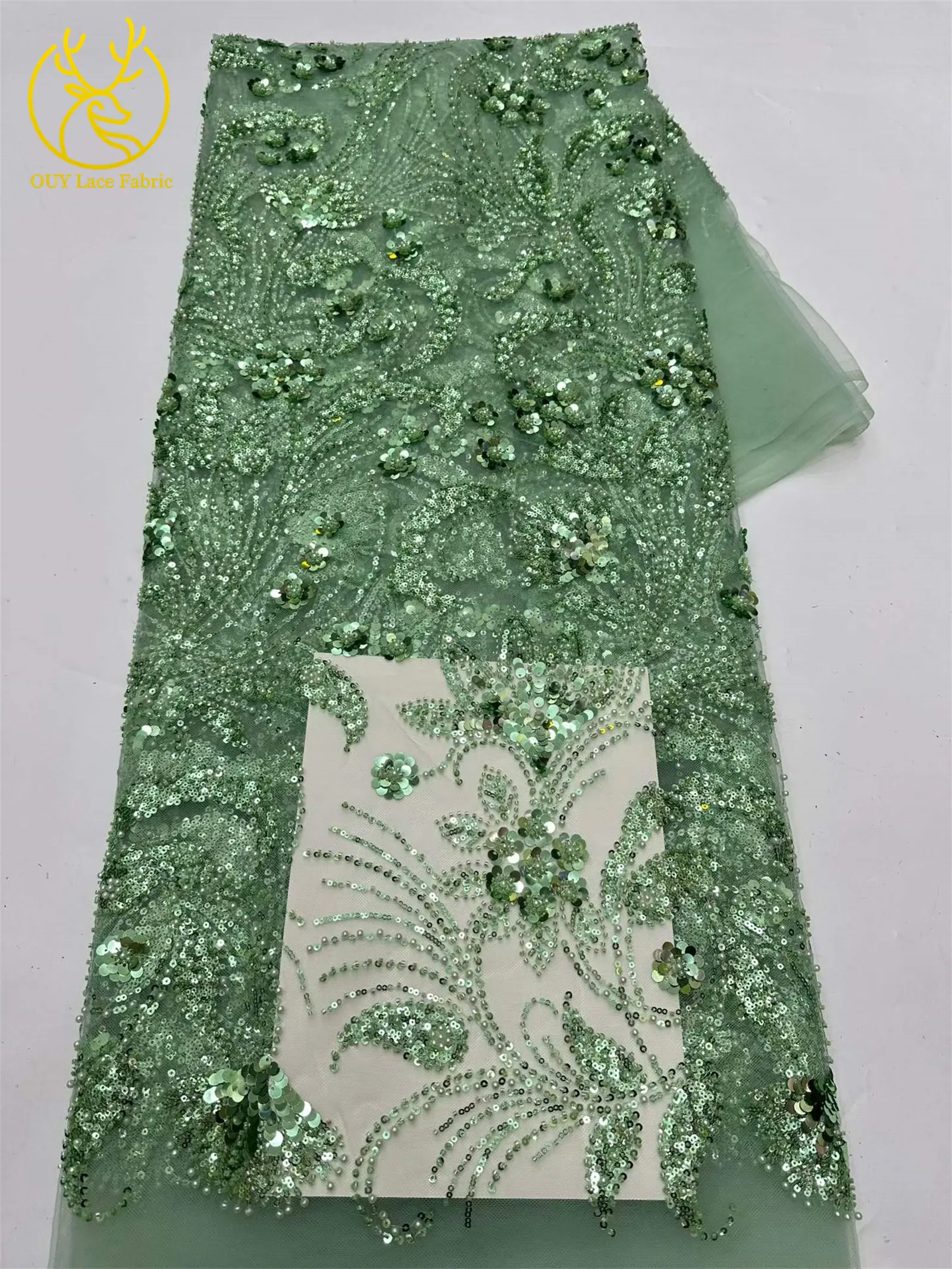 Eleganter 5-Yard-Paillettenstoff mit Kleinen Blumen, Afrikanischer Perlen-Pailletten-Spitzenstoff, Nigerianischer Luxuriöser Pailletten-Netzstoff für Kleider und Näharbeiten – Detail 20
