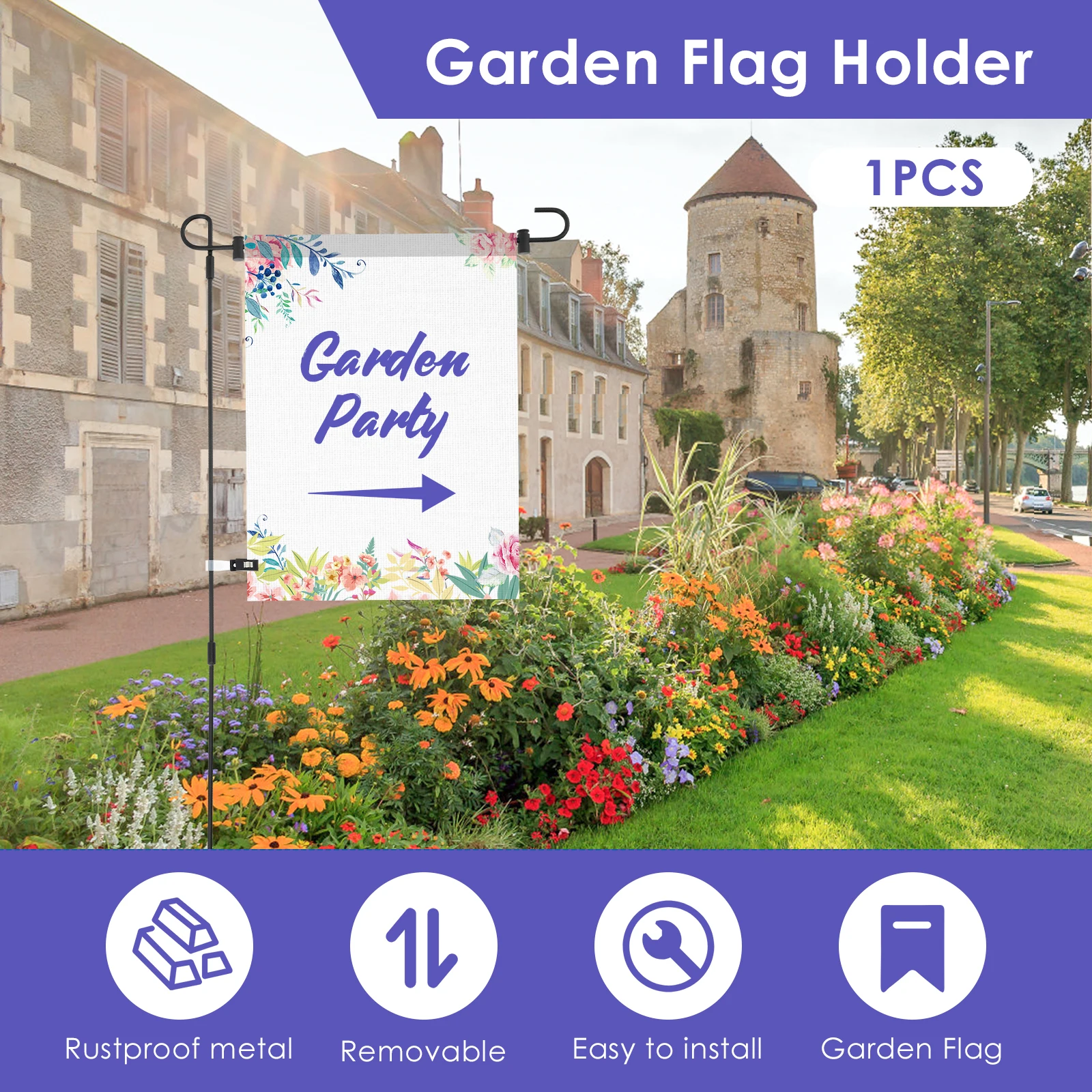 Garden Decoration Flagpole Stand 4 Pack 34 Inch Wrought Iron Flag Poles for 13-Inch Flags Rust Resistant with Anti Wind Clips