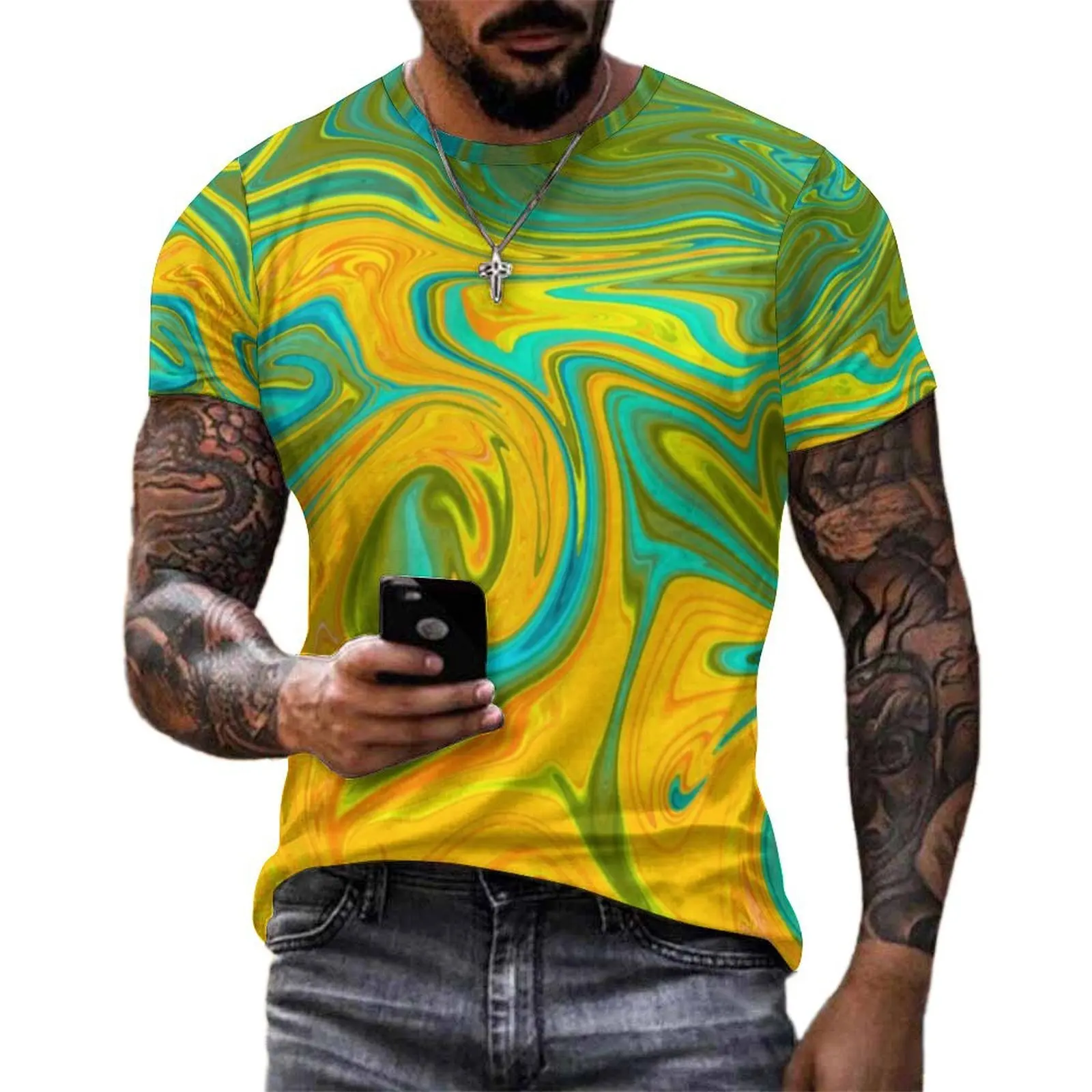 Oversized T Shirt Summer Orange Teal Liquid Swirl T-Shirts  Streetwear O Neck Tshirt Men Fashion Graphic Tees