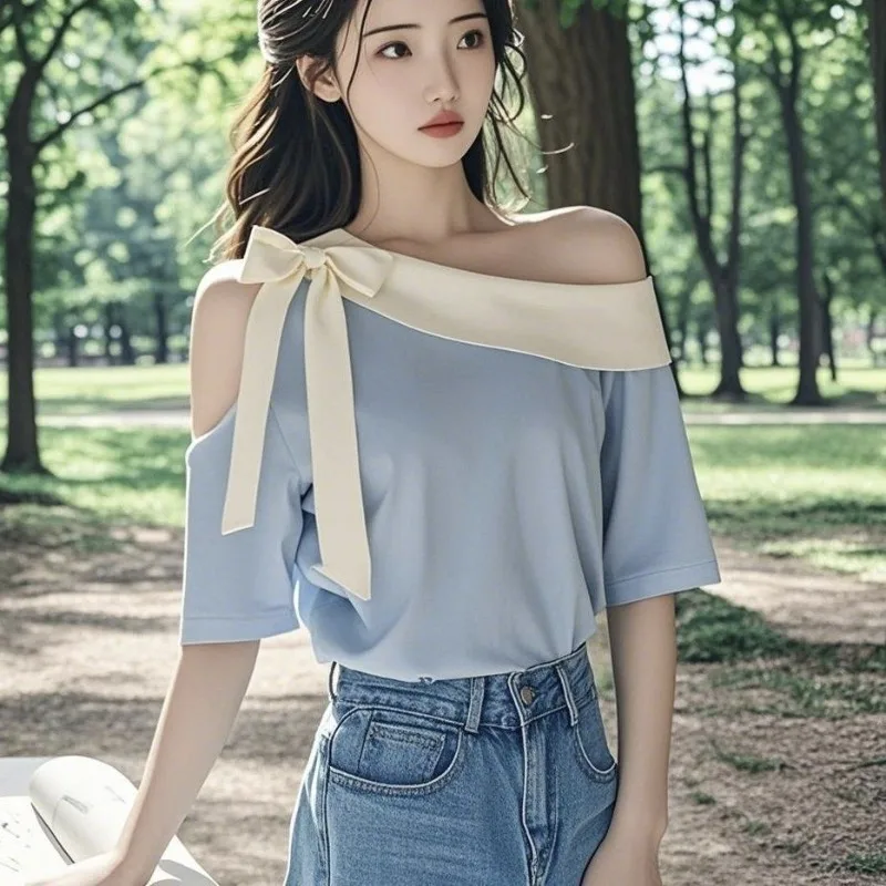 

Women Clothes Summer Korean Fashion Solid Color Diagonal Collar Femme Simplicity Elegant Temperament Short Sleeve Loose Top Tee