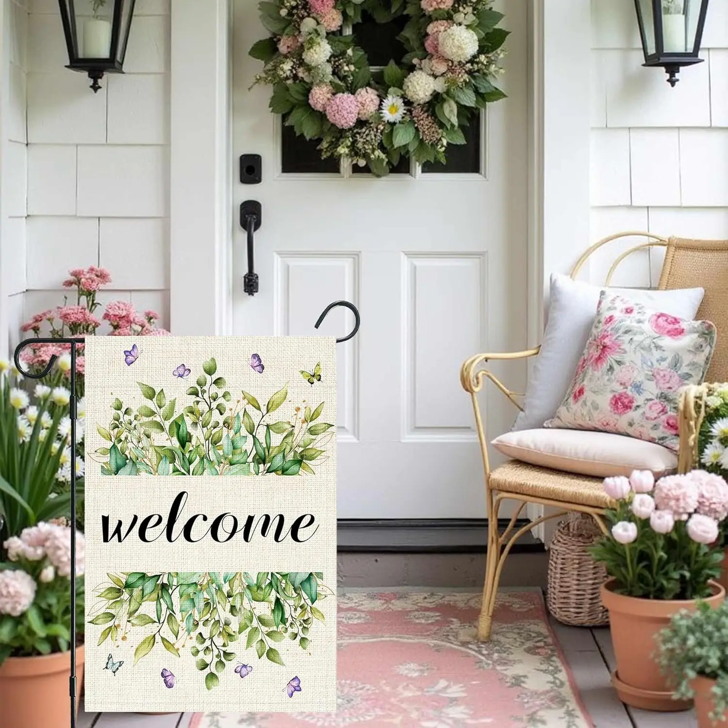 Welcome Spring Summer Eucalyptu Garden Flag 12 x 18 Inch Double Sided, Small Burlap Butterfly Floral Flower Welcome Yard Out PPZ