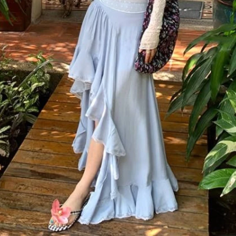 

Irregular Fungus Lace Lace Half Length Long Skirt with Vacation Style, Slit To Show Off Thinness, Sexy and Spicy Girl