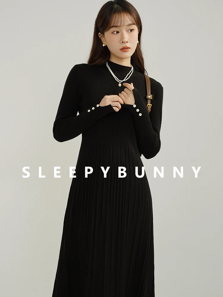 

Slim Fit Knit Sweater Dress for Women Winter Cute Pleated Long Sleeve A-Line Midi Dress with Mock Neck Korean Style Outfits