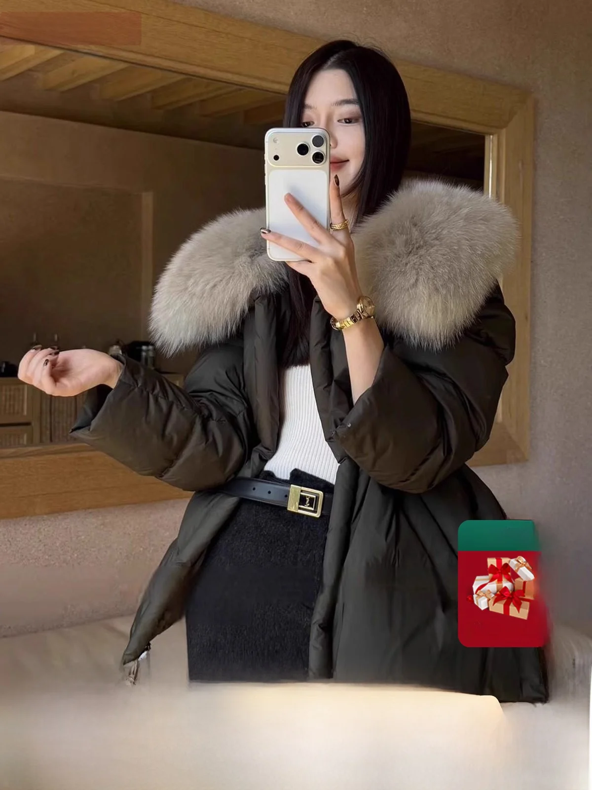 

Ultra-Thi White Du down Jaet with Fur Collar Mid-Length Heavyweight Windproof Luxury Sle Women's Puffer Coat