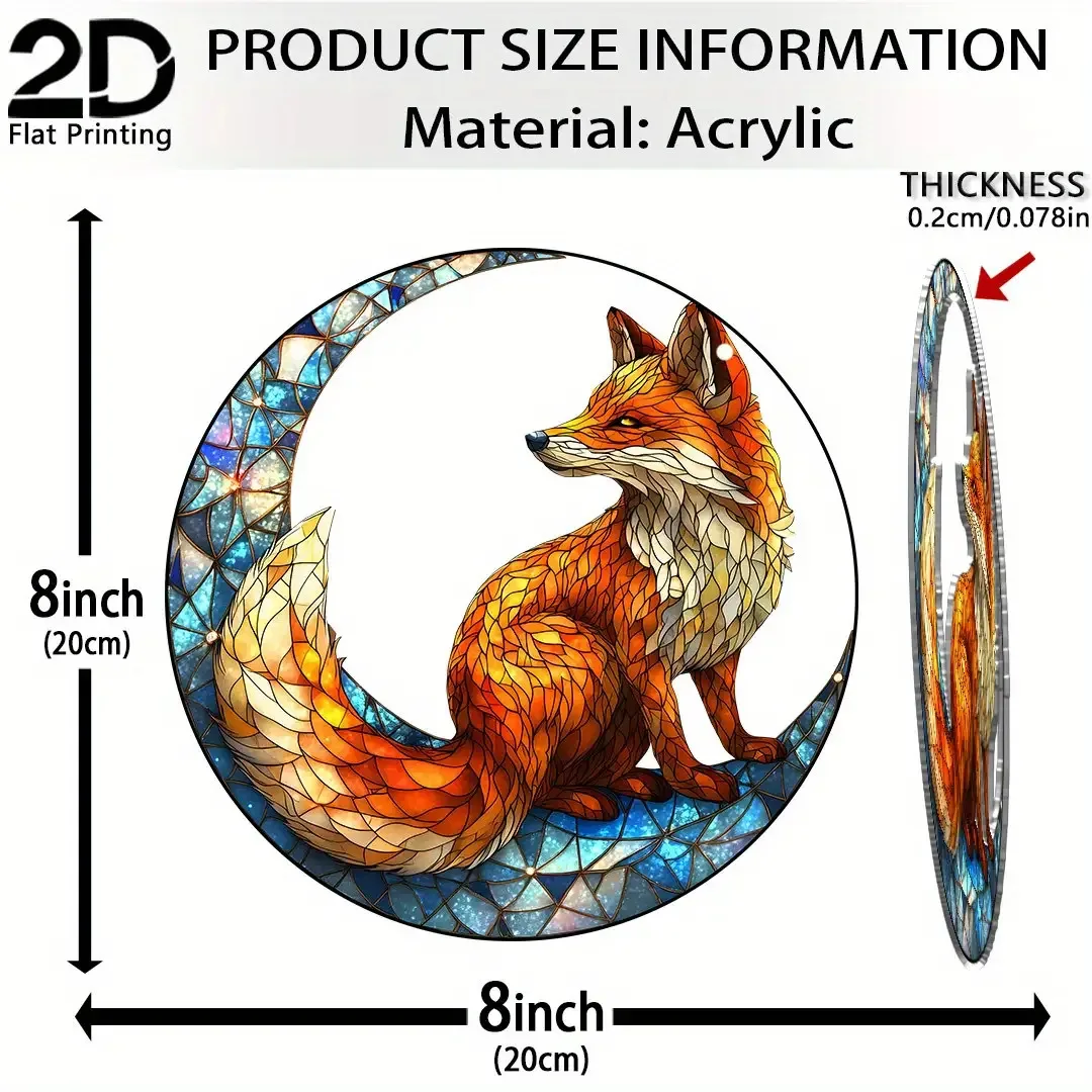 Acrylic Painting Charming Red Fox Sitting on Blue Crescent Moon Stained Glass Style Round Wall Decor, 2D Flat Printing Fantasy W