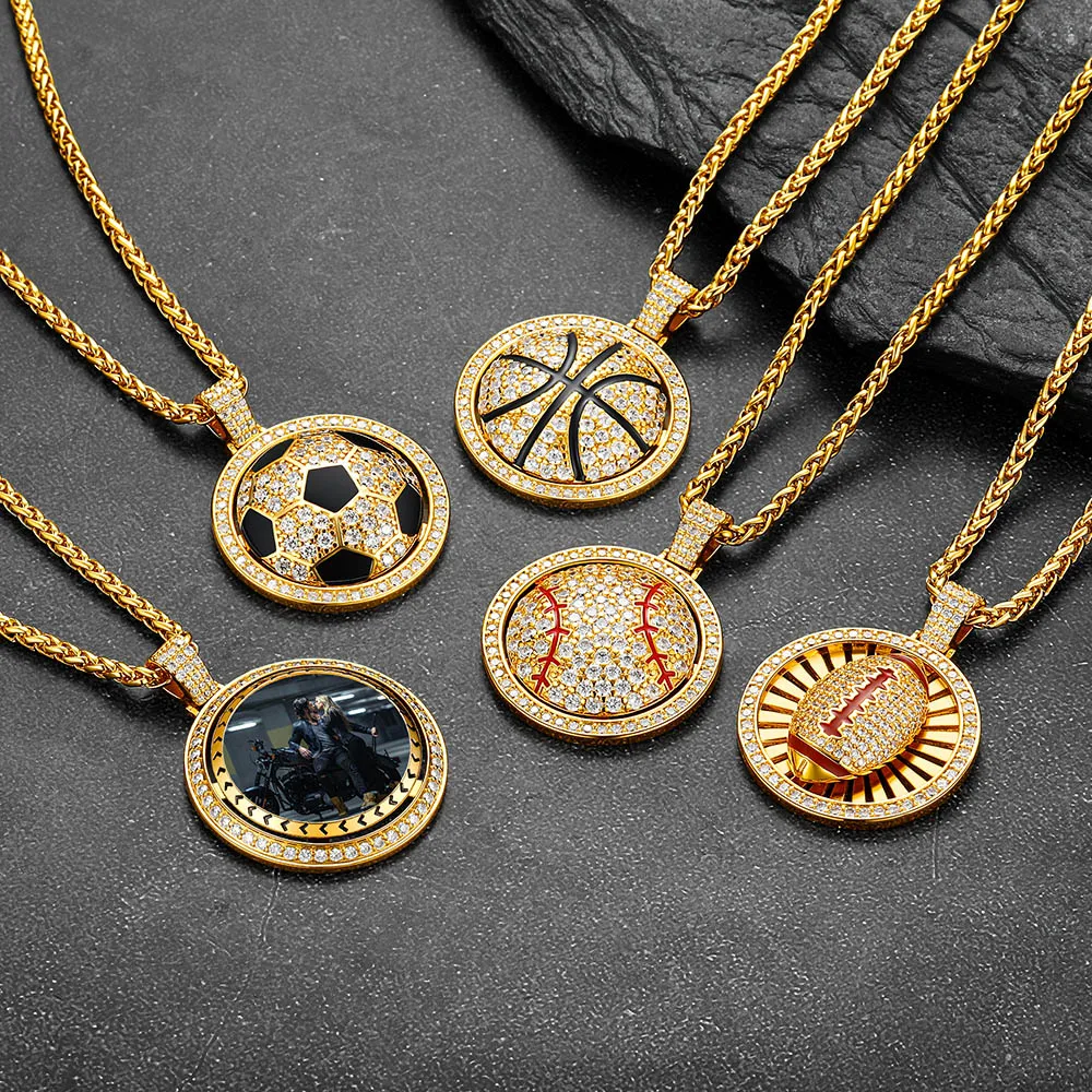 U7 Sport Necklaces for Man Woman CZ Rubby Soccer Basketball Baseball Tennis Racket Ball Pendant Jewelry Gift for Sports Lover