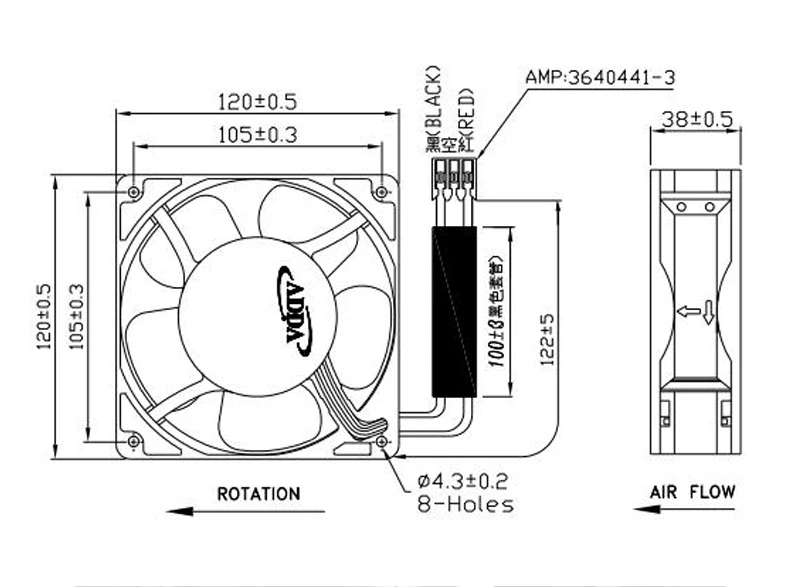 AD1224UB-F51 Fan 12038 24V 0.40A 122 CFM, 120 x 120 x 38 mm Cooling Fan