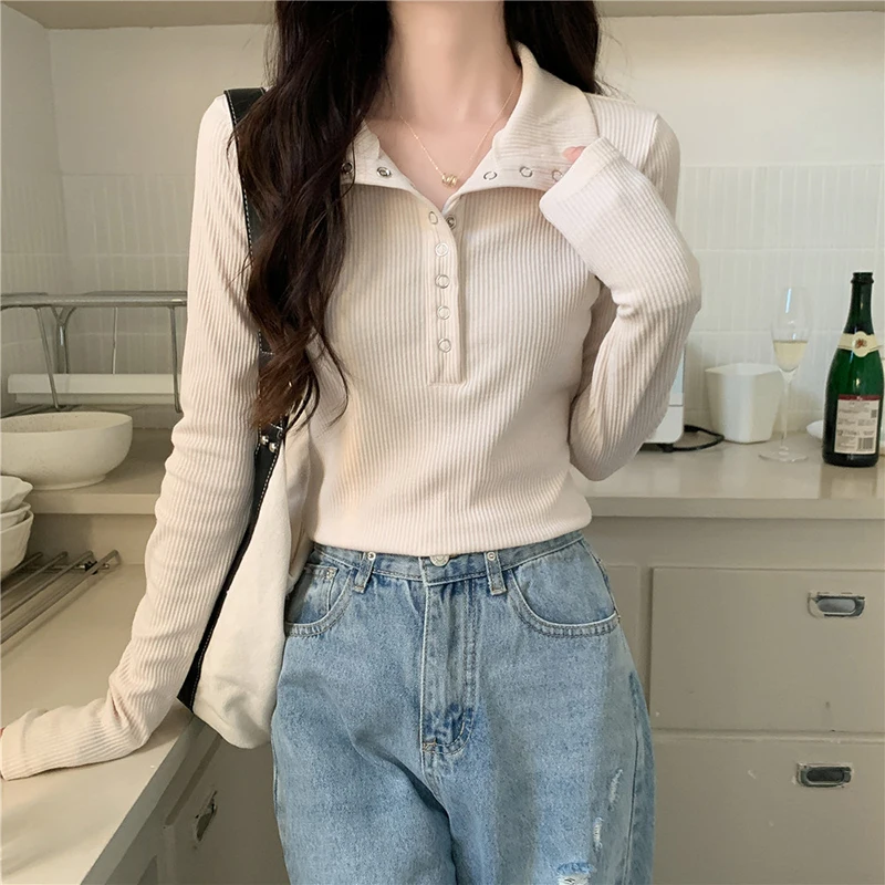 Y2K Autumn Button Women T Shirts Korean Sweet Knitted Slim Long Sleeve Female Tees Fashion Chic New Casual All Match Female Tops