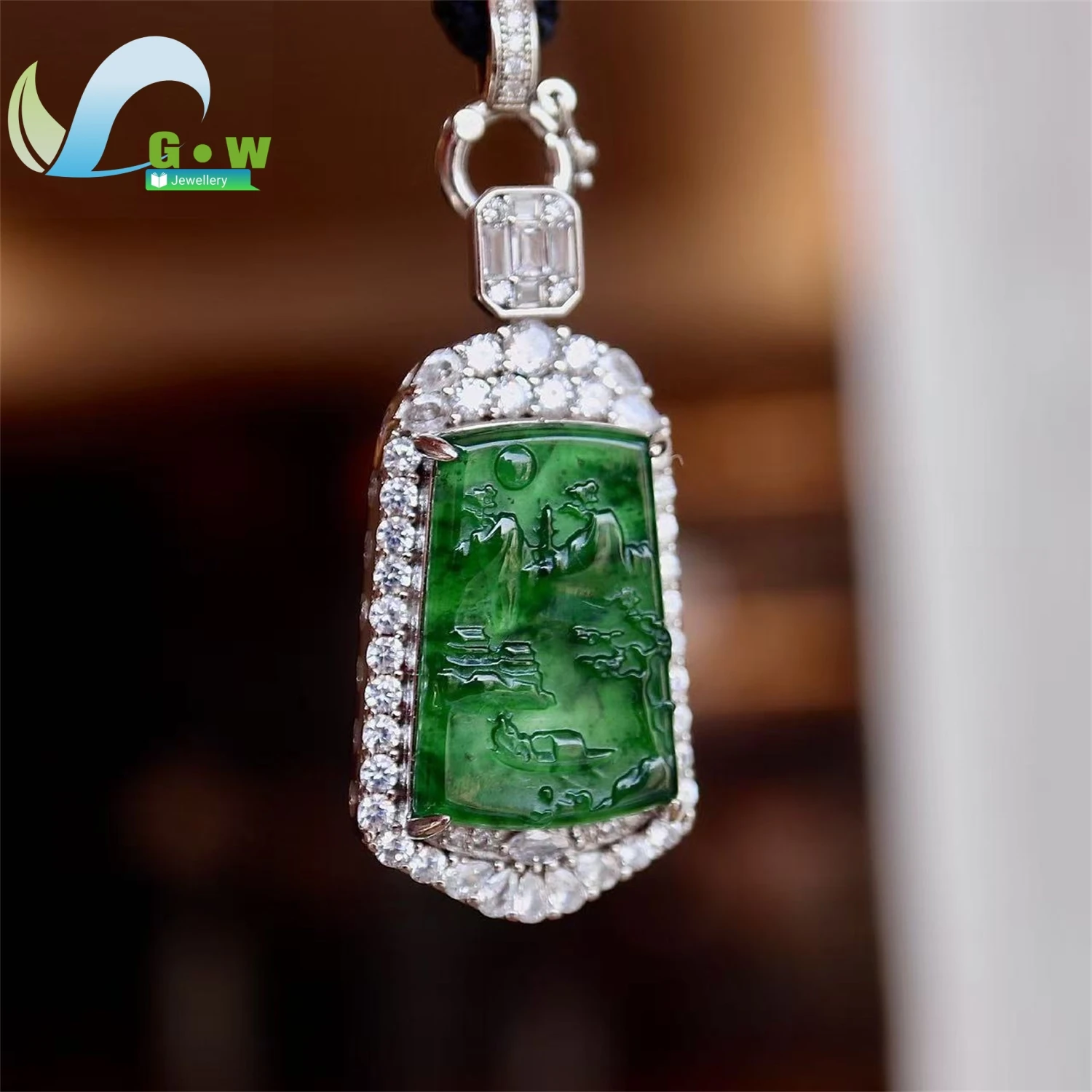 Natural A Grade Jadeite High Ice Vivid Green Landscape Plaque Pendant Exquisitely Carved Hanging Ornament Unisex Jewelry Gift