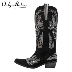 Onlymaker Women Pointed Toe Rhinestone Western Cowboy Boots Black  Female Wide Mid Calf Boots