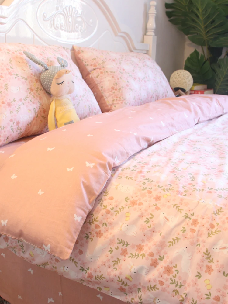 Pastoral Style Princess Girl Heart Pink Garland Bunny Pastoral Style Floral Bed Four-Piece Set All Cotton Pure Cotton Quilt