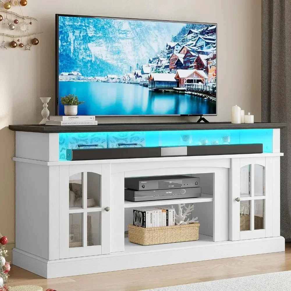 Farmhouse TV Stand, Traditional Media Entertainment Center Console Table Adjustable Storage Shelves Glass Door for 400lbs