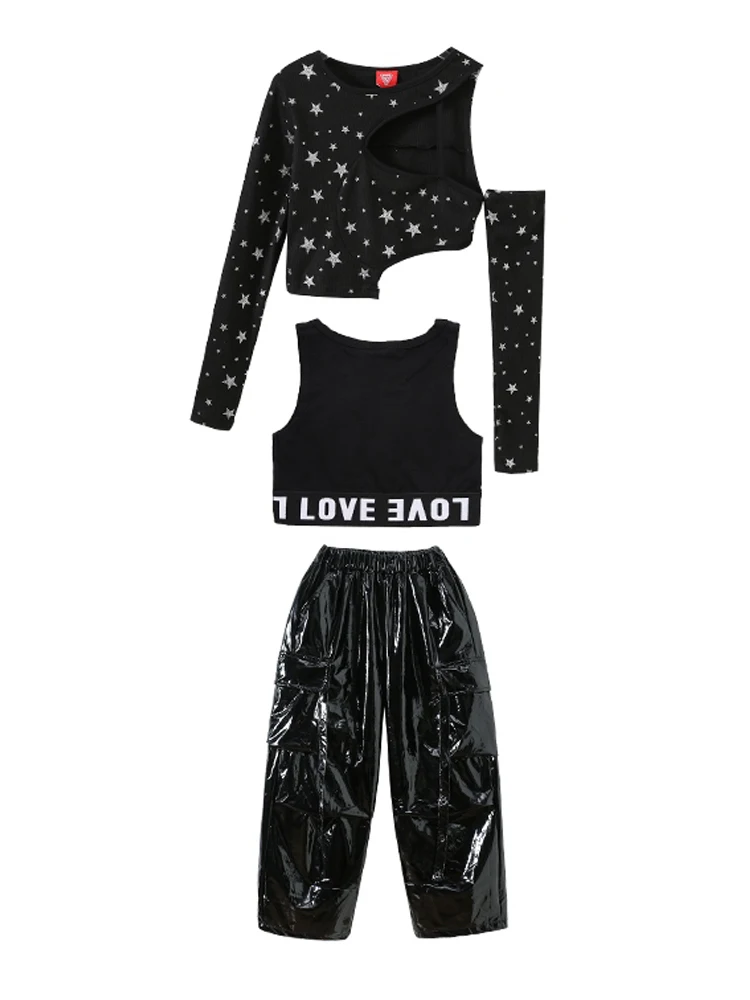 ชุดเต้นฮิปฮอปสีดำสำหรับเด็กผู้หญิง เสื้อครอปโชว์เอว กางเกงหนัง แขนยาว ประดับเลื่อม ชุดเต้นแจ๊ส ชุดแสดง รุ่น BL18188
