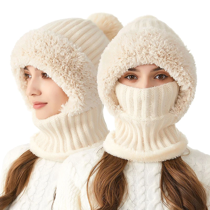 Winter Warm Cycling Hat Face Mask Cold-proof Thermal Knitting Plush Balaclava Hat Hooded Neck Warmer Outdoor Hike Cycling Cap