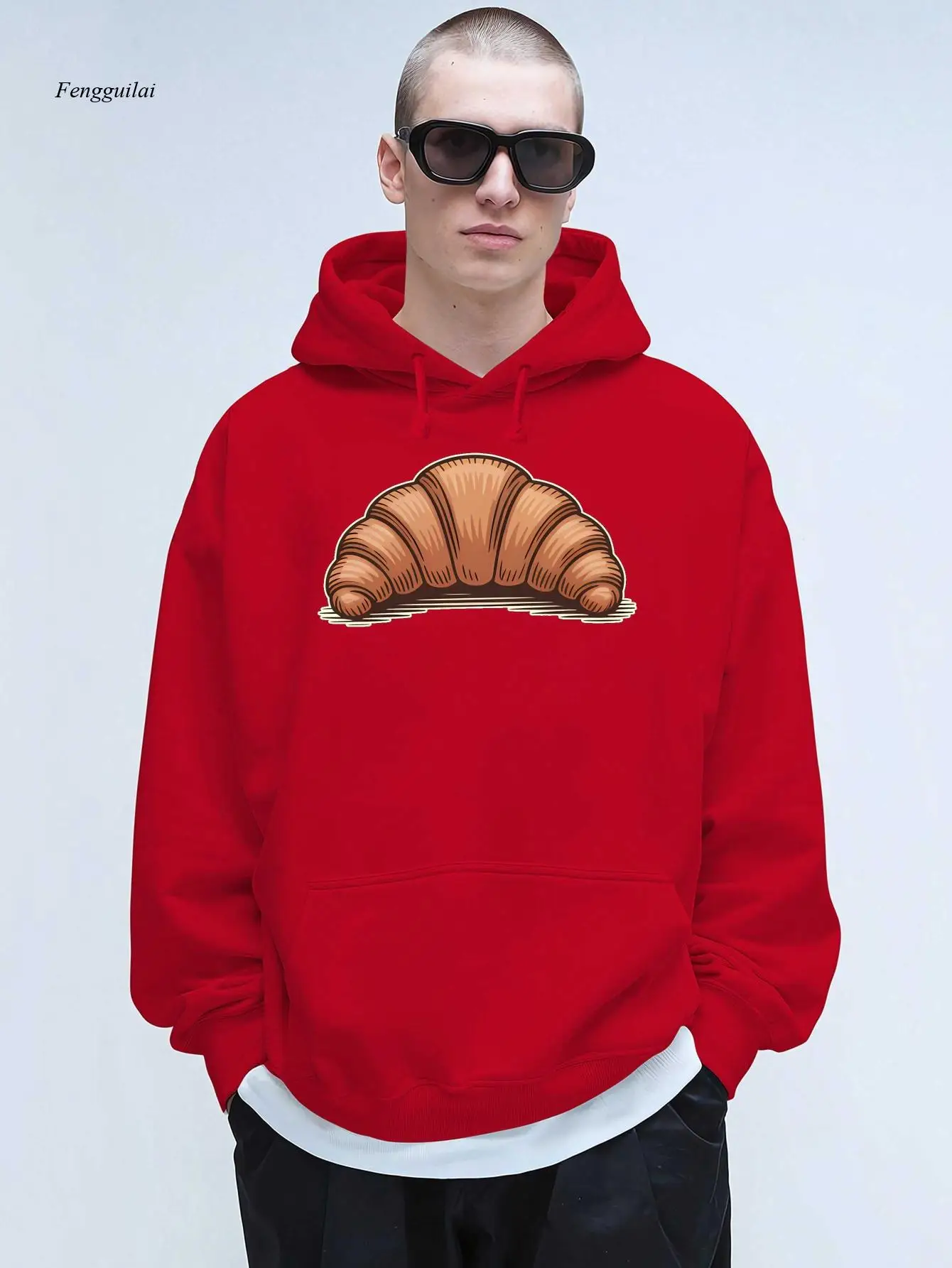 

Толстовка с капюшоном и принтом французского круассана — мягкий уличный пуловер с коричнево-бежевым дизайном круассана