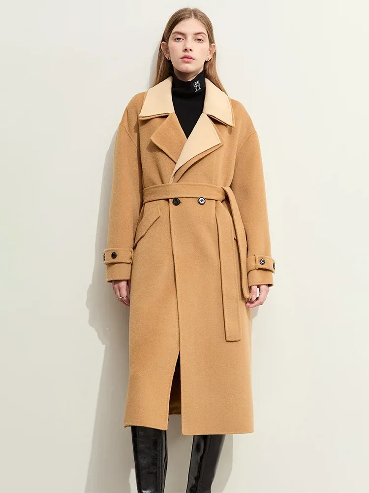 

AMII минималистичное женское пальто, двустороннее, новинка зимы 2025 года, длинная верхняя одежда с двойным воротником, лоскутная шерстяная куртка, женская 72374002