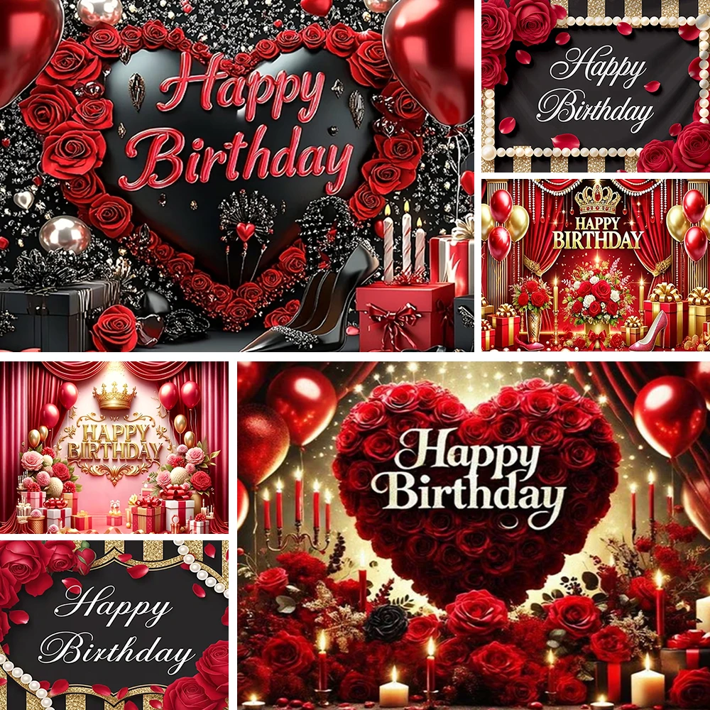 

Red Happy Birthday Theme Backdrop Red and Black Balloons High Heels Decor Queen Party Background Photography Supplies Banner