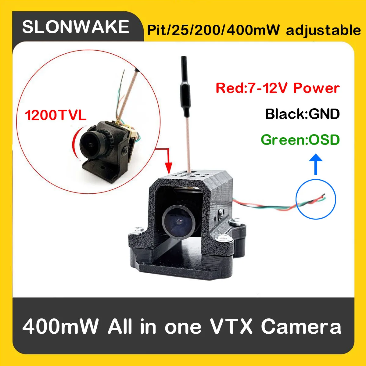 

SLONWAKE 5,8 ГГц 48CH Pit/25/200/400 МВт регулируемый передатчик VTX и ночное видение 1200TVL Starlight fpv камера для радиоуправляемого автомобиля