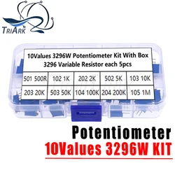 50PCS/Set Multiturn Trimmer 3296W Potentiometer Kit 3296 Variable Resistor 500R 1K 2K 5K 10K 20K 50K 100K 200K 1M High Precision