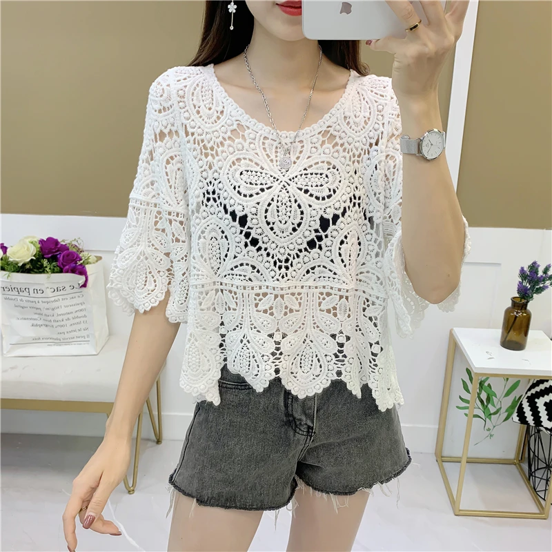 Floral Paisley Crochet Tops Women Smei Sheer Hollow Out Lace Blouse Women Bohemian Style Summer Beach Cover-ups view 3