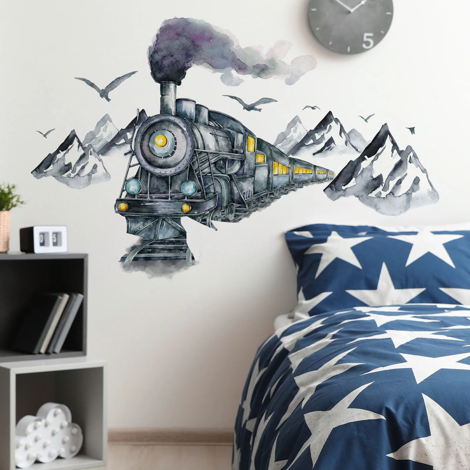 Watercolor Mountains Train Seagull Wall Sticker Self-adhesive Removable Vinyl PVC Home Decor for Living Room Bedroom