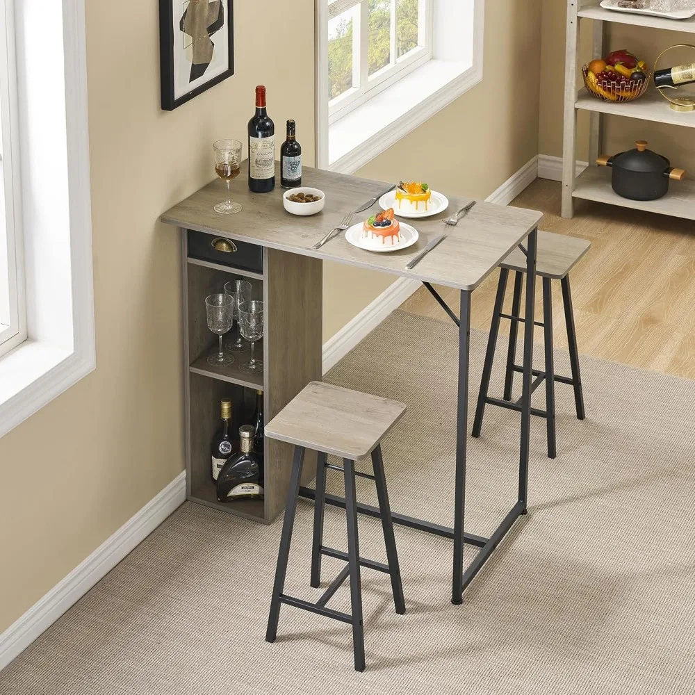 Dining Table for 2, Kitchen Table and Chairs for 2, 3 Piece Small Dining Table with Storage Drawer & Shelf, 2 Bar Stools