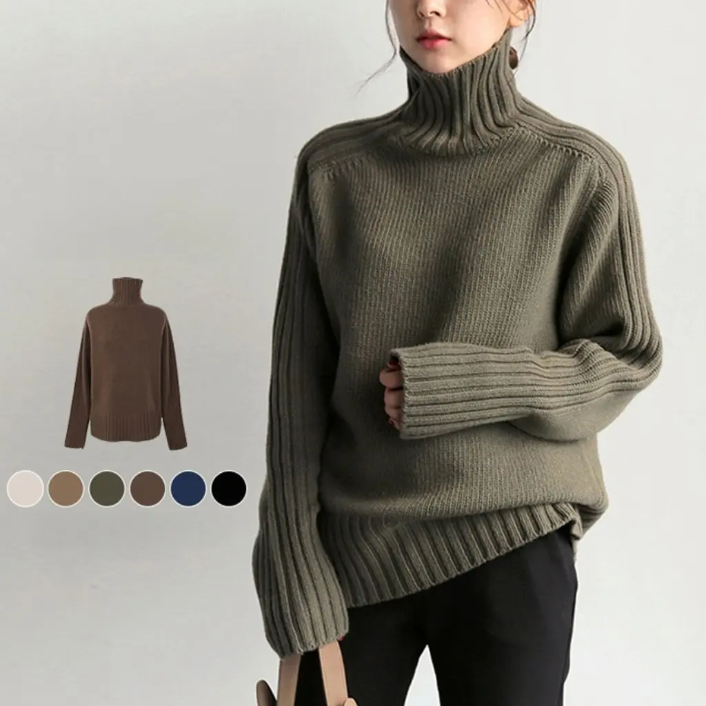 

Japanese Korean Turtleneck Knitted Sweater Solid Color Comfortable Loose Long Sleeve Temperament Top for Women New Arrival