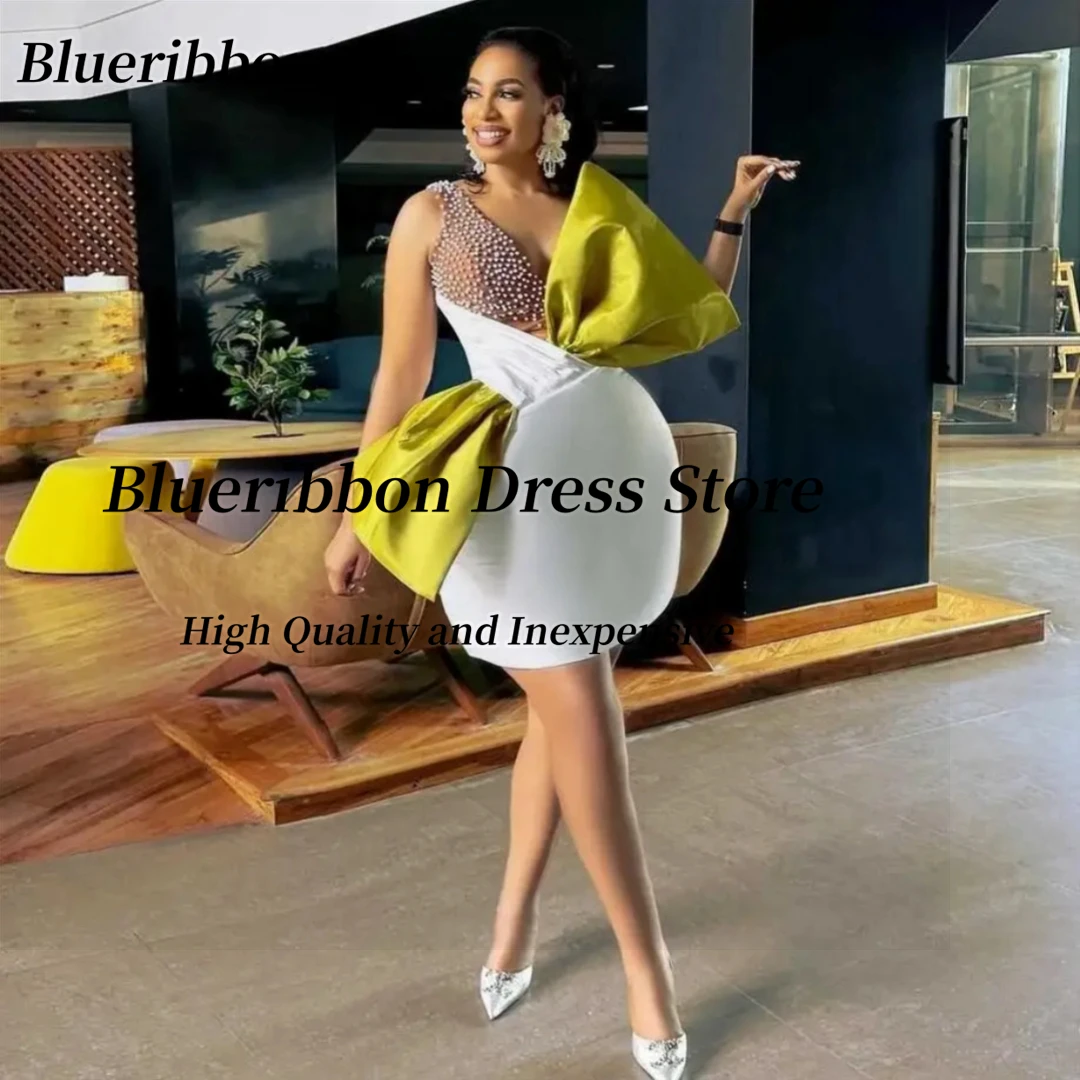

Blueribbon Sexy V Neck Prom Dresses Handmade Beaded Big Bow Robe Des Cocktail Dress Mini Night Club Party Gowns