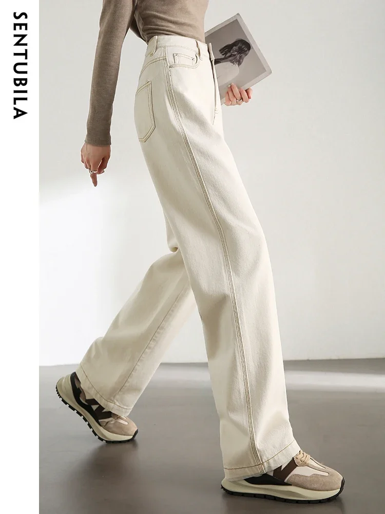 SENTUBILA 100% Cotton Jeans for Women 2026 Spring Fashion High Waist Wide Leg Long Denim Pant Straight Trousers Female W33N50870