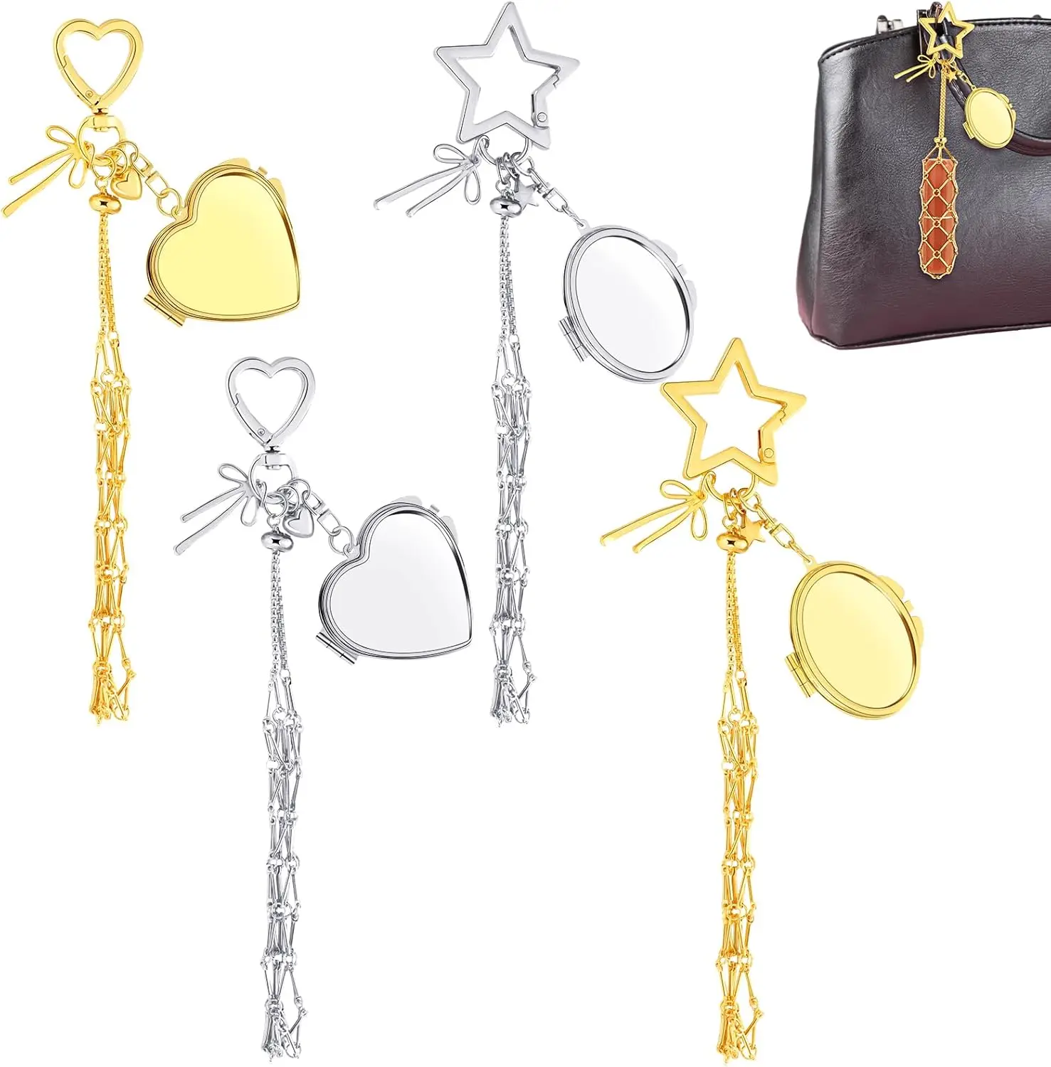

4PC Lip Gloss Keychain Set with Mirror Star Heart Purse Charm