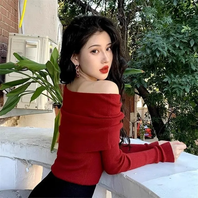 

Red Blouse Knitting Autumn Tees Pulls Femmes Slim-fit Sweater Ribbed Jumpers Grils Tshirts Ropa Mujer Winter Clothes Ladies